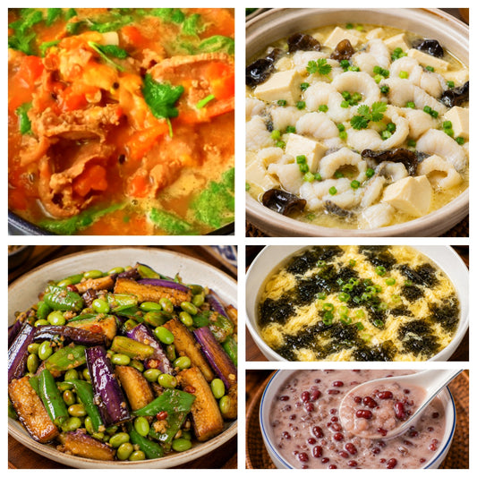 9月04日 周五麻辣鲜香：百香果酸汤肥牛🌶️、豆花鱼片、 茄子青椒毛豆子、紫菜蛋花汤（赠品：椰汁红豆粥）