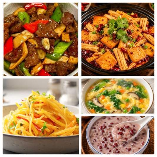 9月25日 周五麻辣鲜香：杏鲍菇炒牛肉、麻辣腐竹珍宝🌶️、青椒土豆丝、芙蓉鲜蔬汤（赠品：椰汁红豆粥）