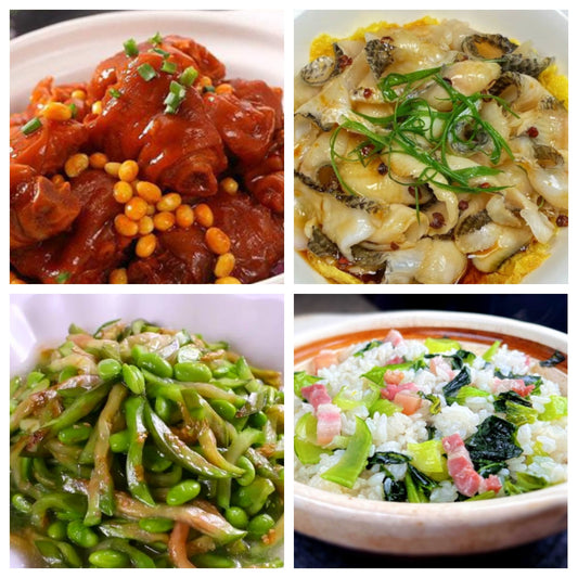 03月24日 周二家乡菜：黄豆炖猪手、葱油黑鱼片、青椒茄子炒毛豆子、上海菜饭