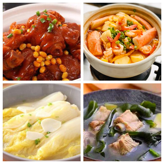 05月07日 周四家乡菜：黄豆炖猪蹄、海鲜豆腐煲、葱油娃娃菜、海带排骨汤