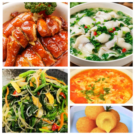 08月20日 周四家乡菜：荠菜鱼片、豉油鸡、菠菜粉丝、番茄蛋汤（赠品：炸榴莲丸子）