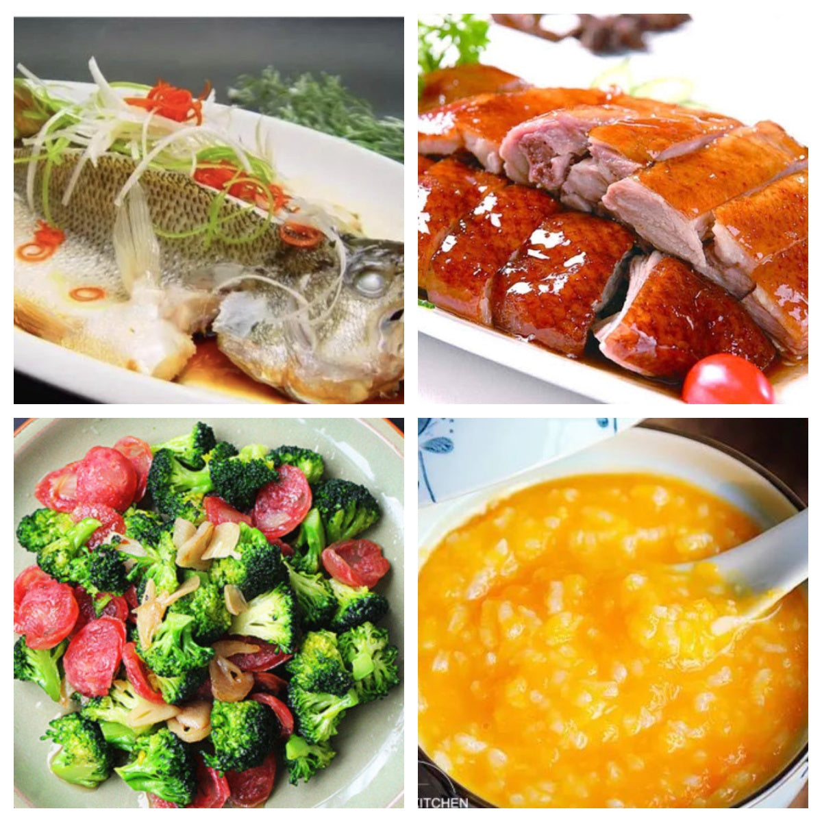 04月23日 周四家乡菜：清蒸鲈鱼、烧鸭、西兰花炒腊肉、南瓜粥