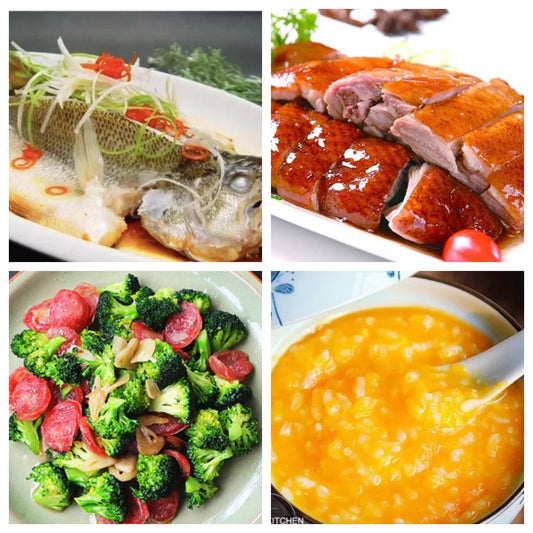 04月23日 周四家乡菜：清蒸鲈鱼、烧鸭、西兰花炒腊肉、南瓜粥