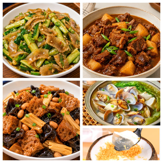 07月09日 周四家乡菜：沙茶土豆牛腩煲、四喜烤麸、凉拌牛筋黄瓜、花蛤豆腐汤（赠品：椰子冻）