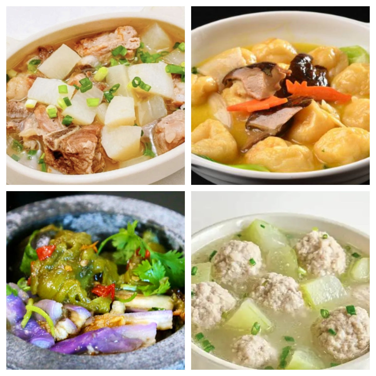 04月02日 周四家乡菜：清汤萝卜排骨、三鲜鱼面筋、擂椒茄子、枸杞肉丸冬瓜汤