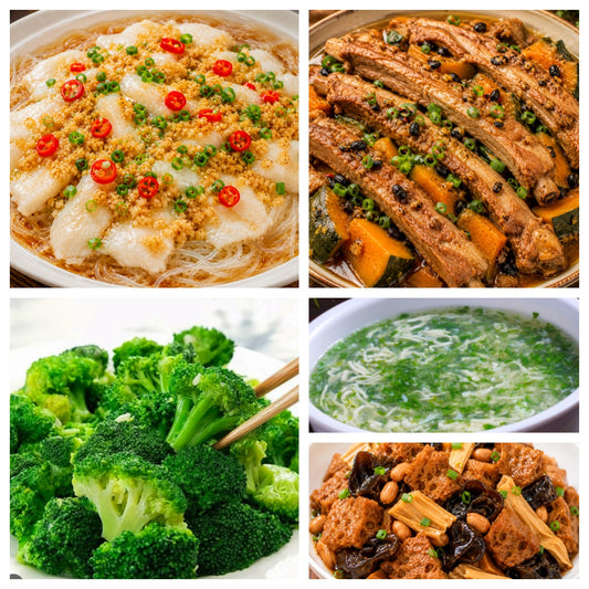 08月13日 周四家乡菜：蒜蓉粉丝蒸鱼片、南瓜炖肋排、蒜蓉西兰花、荠菜鱼丝豆腐羹（赠品：四喜烤麸）