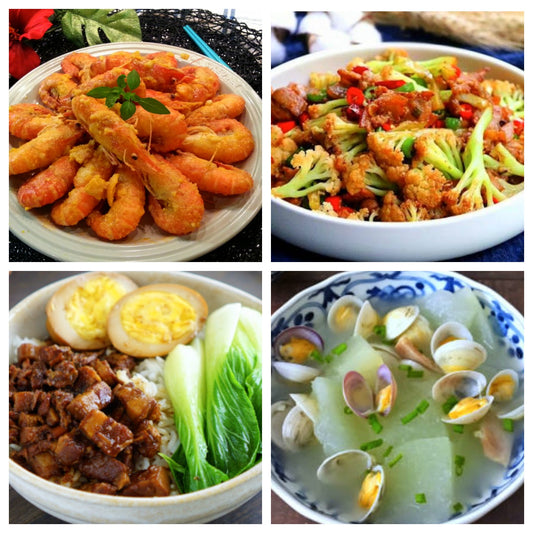 8月1日 周四家乡菜：椒盐大虾、干锅花菜炒肉片、卤肉加蛋（不含米饭）、蛤蜊冬瓜汤