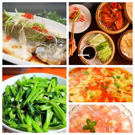 07月23日 周四家乡菜：清蒸鲈鱼、北京片皮鸭、蒜蓉空心菜、番茄蛋花汤（赠品：桃子冻）