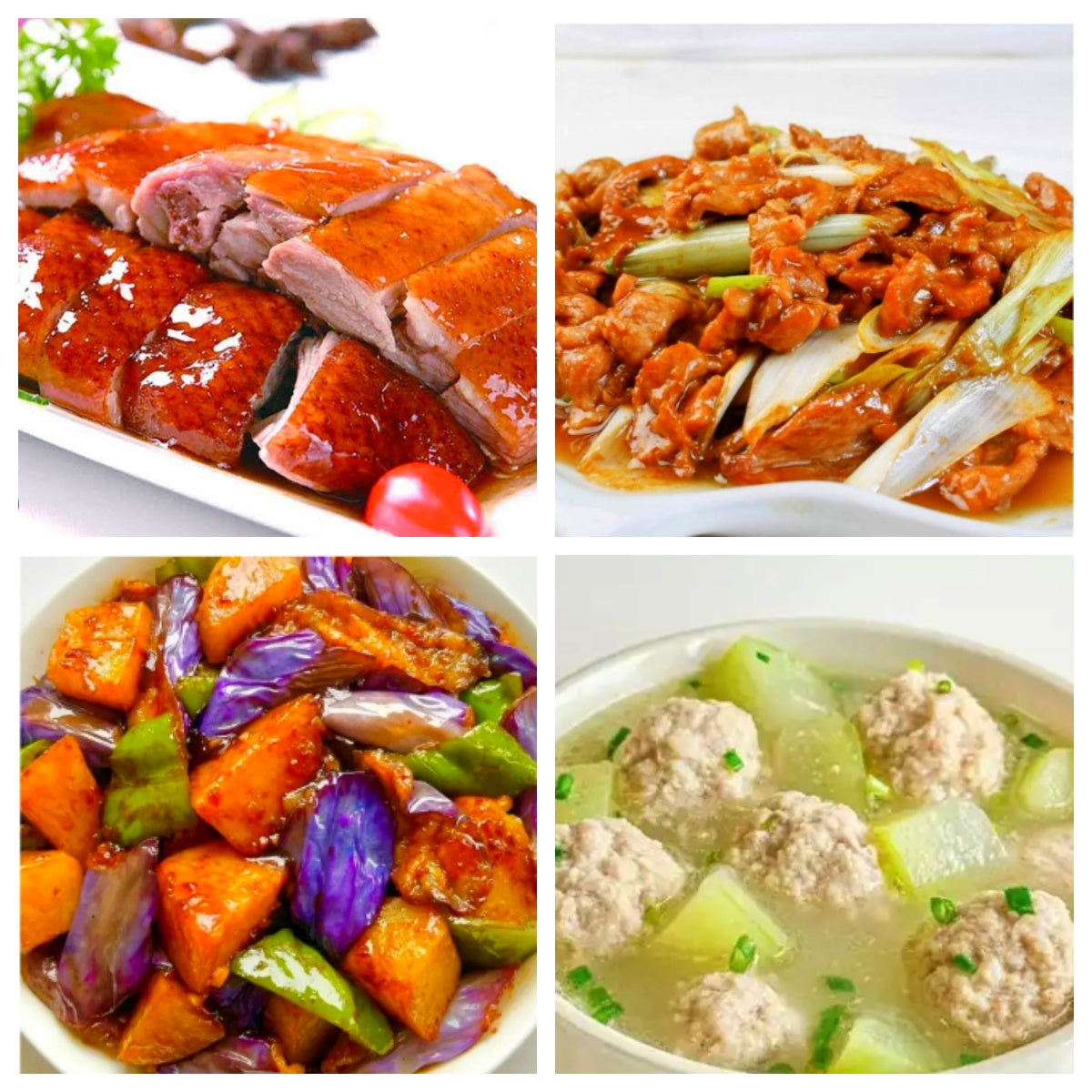 Thursday, December 18th: Hometown Dishes: Stir-fried Lamb with Scallions, Cantonese Roast Duck, Stir-fried Eggplant, Potatoes, and Green Peppers, and Winter Melon Soup with Goji Berries and Meatballs