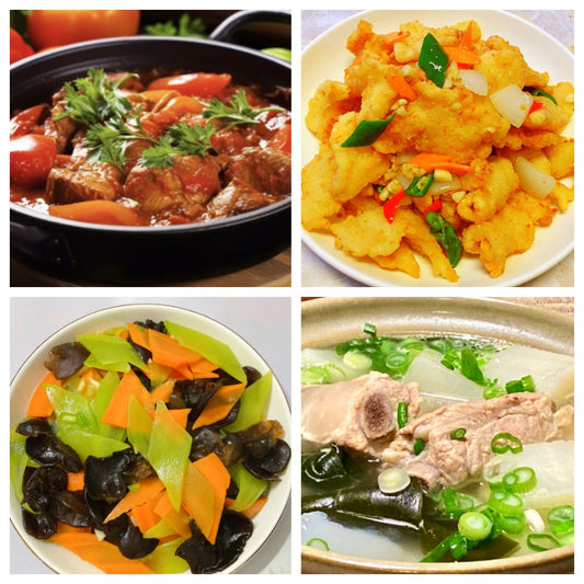 4月23日 周三家乡菜：番茄牛腩、葱酥鱼柳、莴笋炒木耳、海带排骨萝卜汤