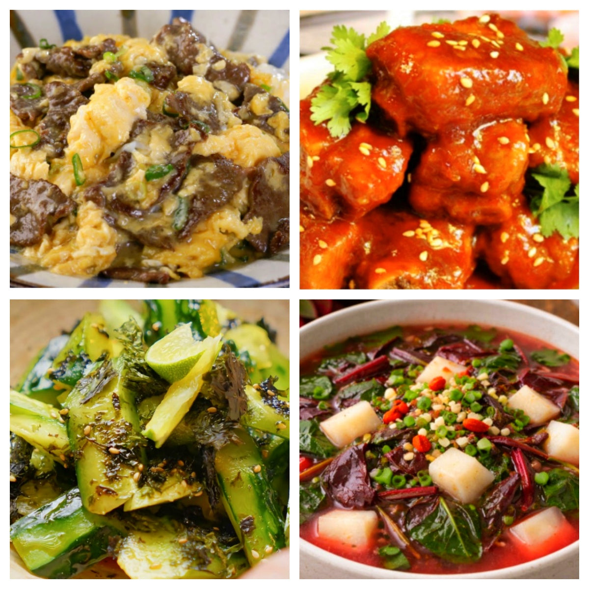 06月17日 周三家乡菜：滑蛋嫩牛、京都排骨、凉拌海苔黄瓜、红苋菜山药汤