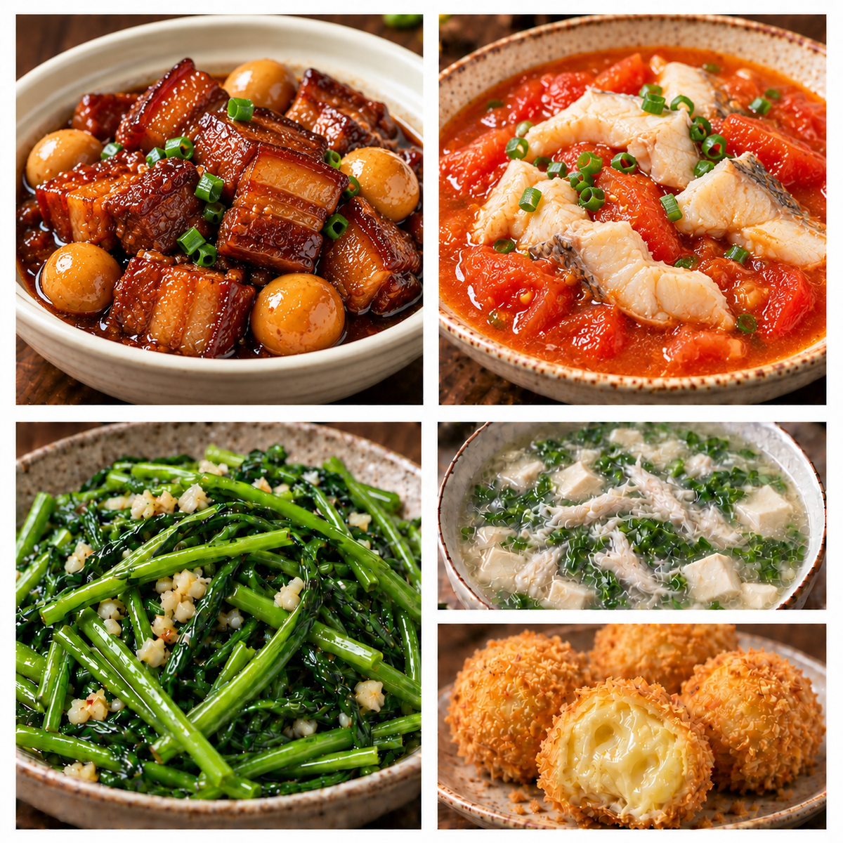 10月08日 周四经典回归：鹌鹑蛋五花肉、番茄鱼片、蒜蓉水通菜、荠菜鱼丝豆腐羹（赠品：炸榴莲球）