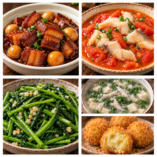 10月08日 周四经典回归：鹌鹑蛋五花肉、番茄鱼片、蒜蓉水通菜、荠菜鱼丝豆腐羹（赠品：炸榴莲球）