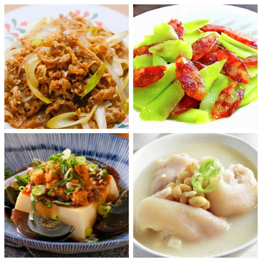 5月03日 周六家乡菜：葱油肥牛、腊肠炒莴笋、凉拌皮蛋豆腐、黄豆猪手汤