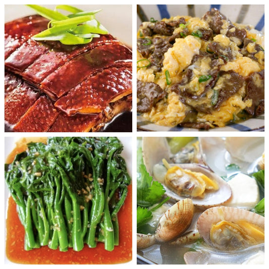 04月04日 周六家乡菜：上海酱鸭、滑蛋嫩牛、清炒时蔬、蚬子豆腐汤