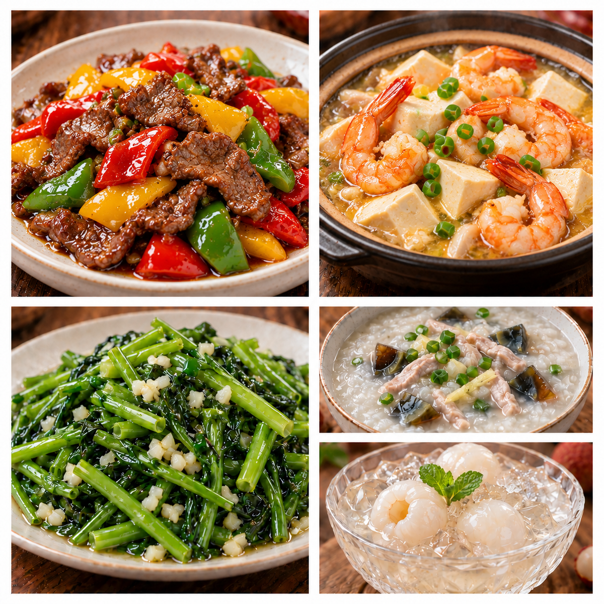 9月30日 周三经典回归：彩椒牛肉、鲜虾豆腐煲、蒜蓉水空心菜、皮蛋瘦肉粥（赠品：荔枝冰粉）