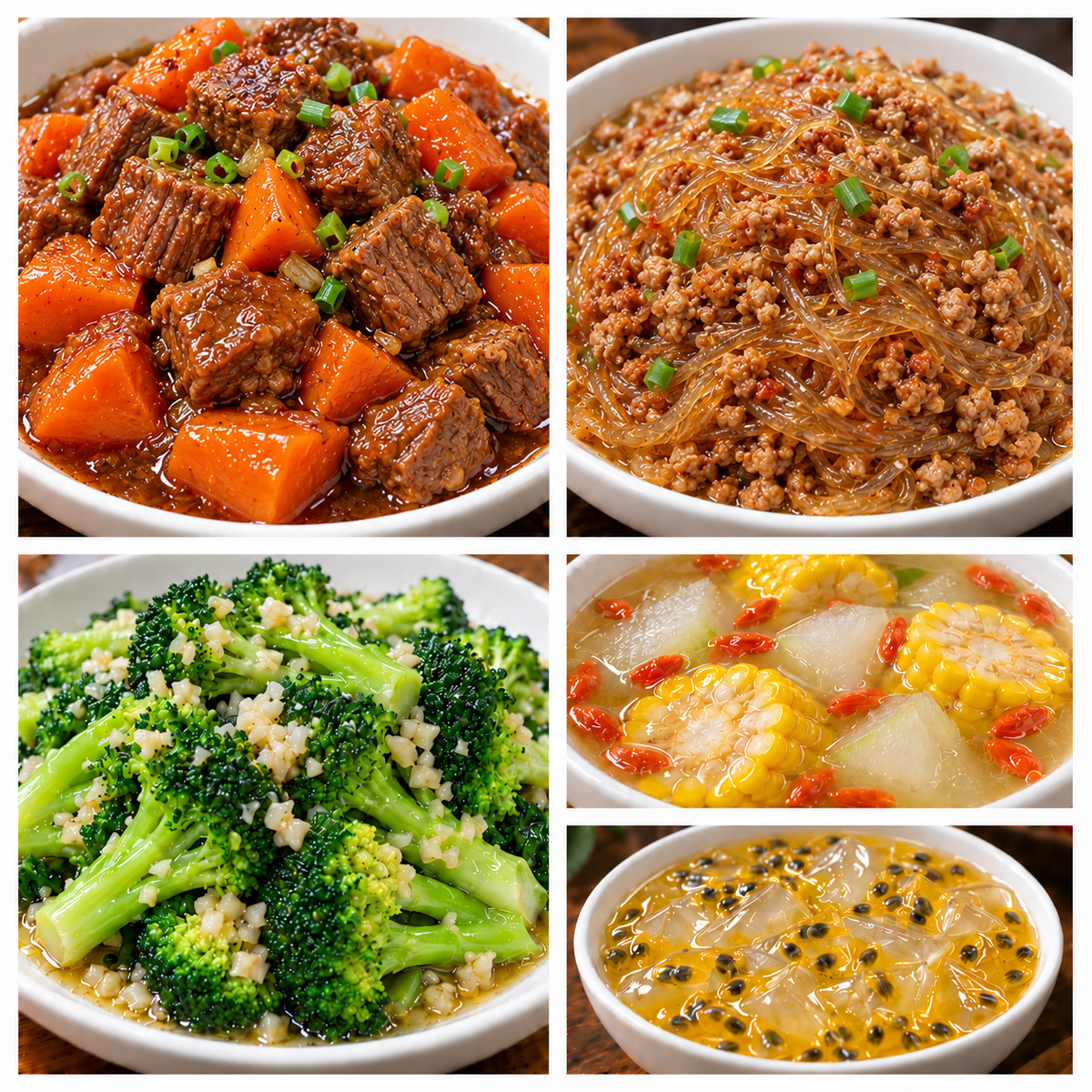 11月04日 周三经典回归：胡萝卜炖牛肉、蚂蚁上树、蒜蓉西兰花、枸杞玉米冬瓜汤（赠品：百香果冰粉）