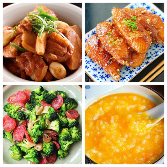 04月23日 周四经典回归：香芋烧肉、蒜香鸡翅、西兰花炒腊肉、南瓜粥