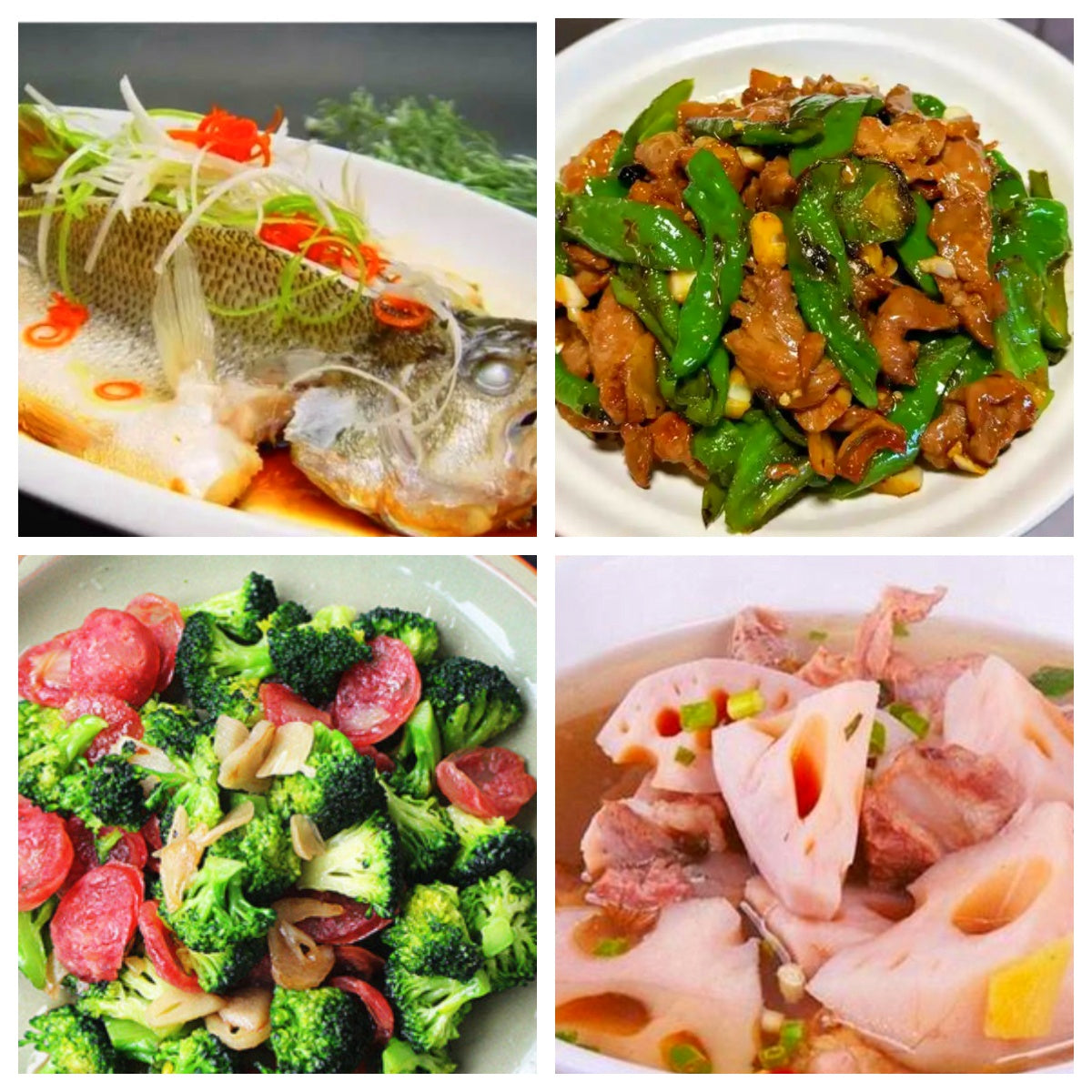 04月09日 周四味觉探险： 清蒸鲈鱼、小炒肉🌶️、西兰花炒腊肠、双莲筒骨汤