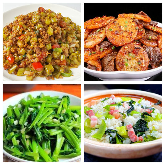 04月16日 周四麻辣鲜香： 🌶️酸豆角肉末、孜然土豆爆炒牛肉、蒜蓉空心菜、上海菜饭