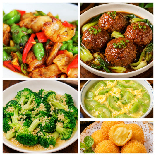 9月03日 周四麻辣鲜香：红烧狮子头、蒜苗回锅肉🌶️、蒜蓉西兰花、丝瓜鸡蛋豆腐汤（赠品：炸榴莲球）