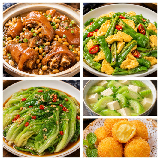 9月24日 周四麻辣鲜香：黄豆炖猪蹄、螺丝椒炒鸡蛋🌶️、蚝油生菜、丝瓜豆腐汤（赠品：炸榴莲球）