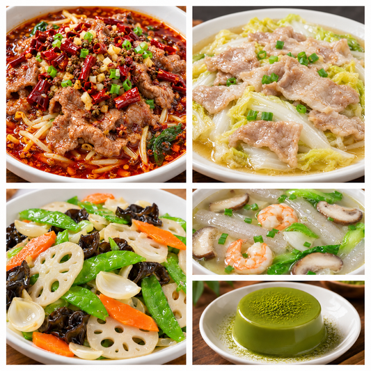 11月02日 周一麻辣鲜香：水煮牛肉🌶️、白菜蒸肉片、荷塘小炒、三鲜魔芋汤（赠品：抹茶冻）