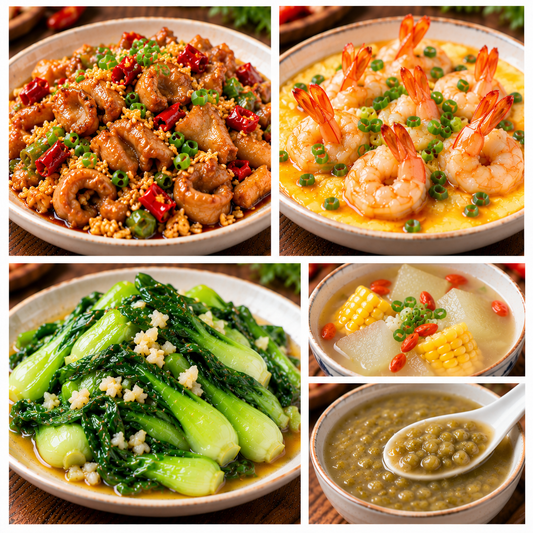 10月14日 周三麻辣鲜香：米香炒肥肠🌶️、凤尾虾蒸蛋、蒜蓉油菜苗、枸杞玉米冬瓜汤（赠品：绿豆沙）