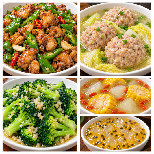 11月04日 周三麻辣鲜香：青椒炒鸡🌶️、清汤狮子头、蒜蓉西兰花、枸杞玉米冬瓜汤（赠品：百香果冰粉）