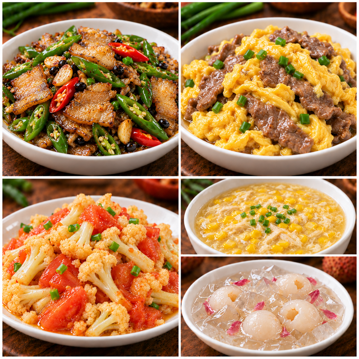 10月28日 周三麻辣鲜香：农家小炒肉🌶️、嫩牛滑蛋、番茄炒花菜、鸡茸玉米羹（赠品：荔枝冰粉）