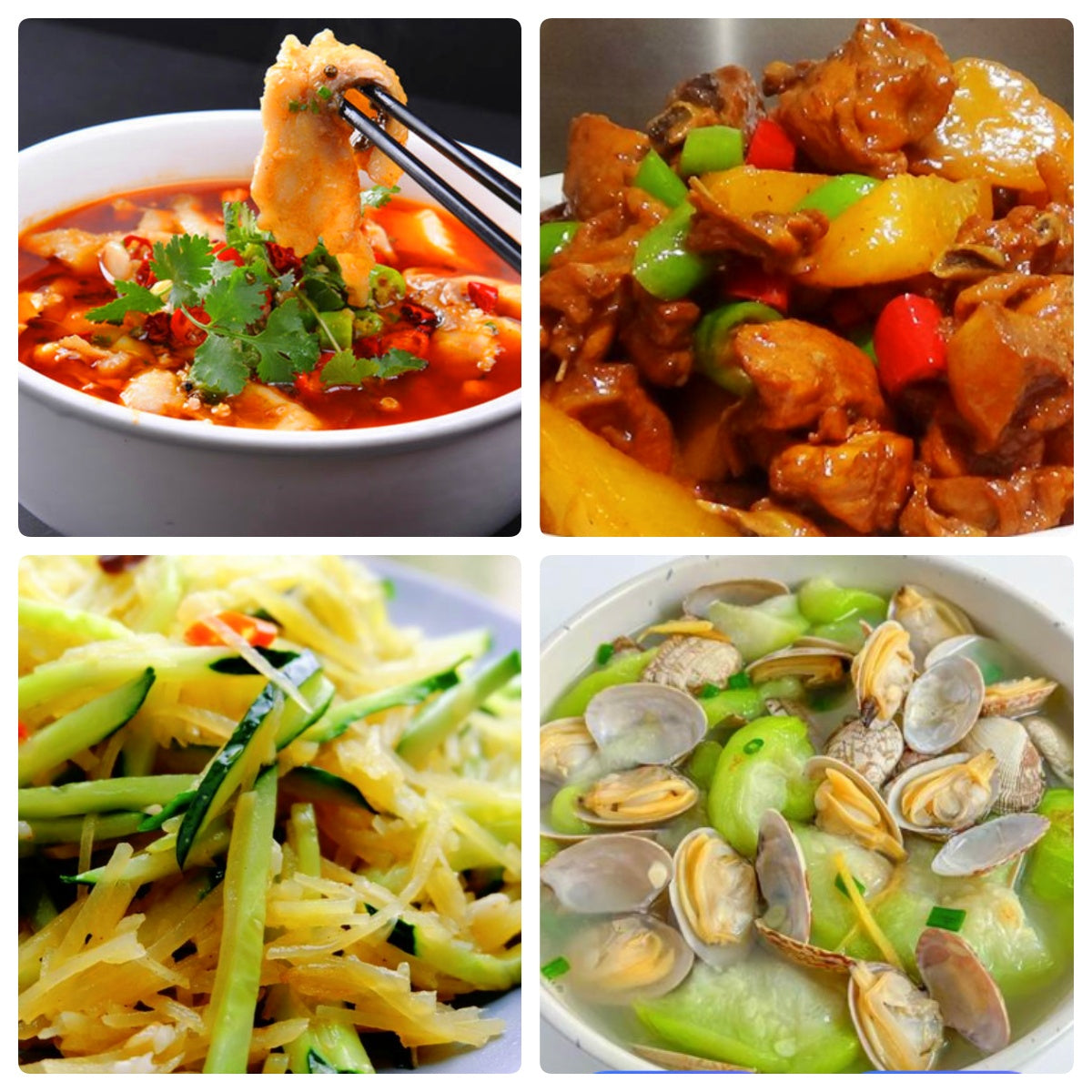 Saturday, August 9th: Spicy and delicious: 🌶️Boiled fish fillet, roasted chicken with potatoes, cucumber and potato shreds, loofah and white clam soup