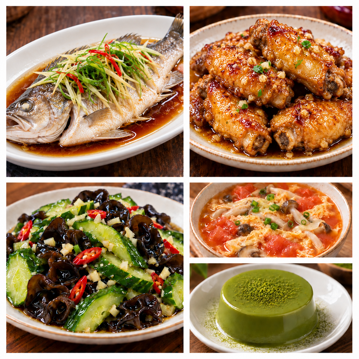9月29日 周二经典回归：清蒸鲈鱼、黄油蜂蜜蒜香鸡翅、黄瓜拌木耳、番茄菌菇鸡蛋汤（赠品：抹茶冻）