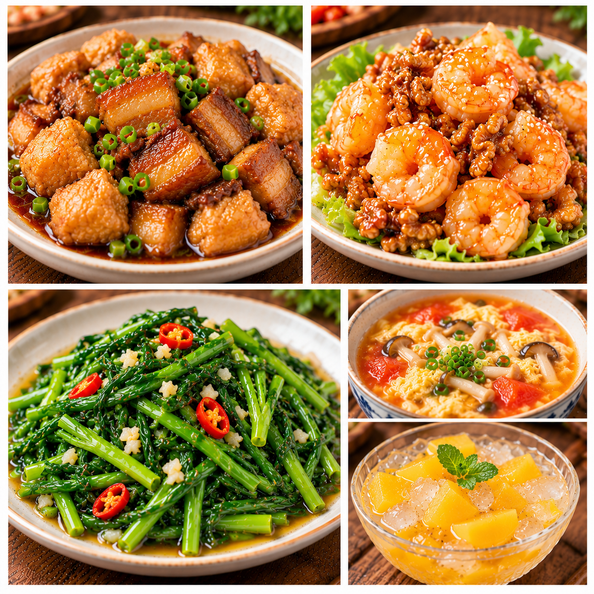 10月13日 周二经典回归：油豆泡炖五花肉、核桃虾、蒜蓉水通菜、番茄鸡蛋菌菇汤（赠品：黄桃冰粉）