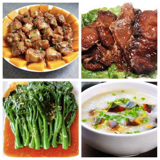 05月30日 周六家乡菜：南瓜蒸排骨、上海熏鱼、炒时蔬、皮蛋瘦肉粥