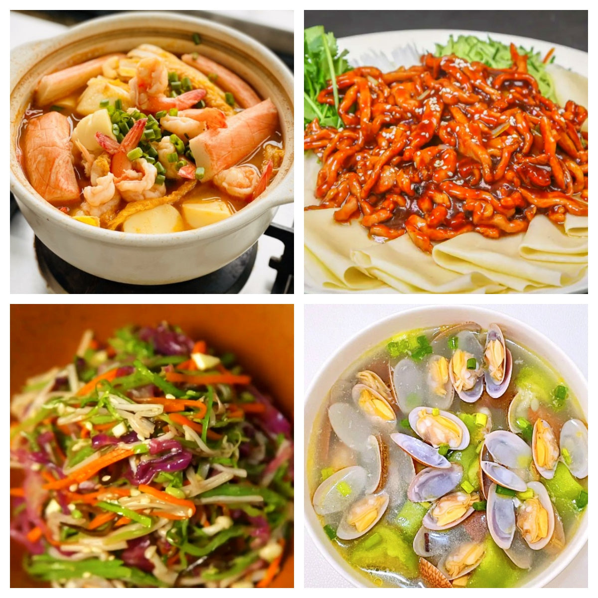 06月20日 周六家乡菜：海鲜豆腐煲、京酱肉丝、紫甘蓝沙拉、蛤蜊丝瓜汤