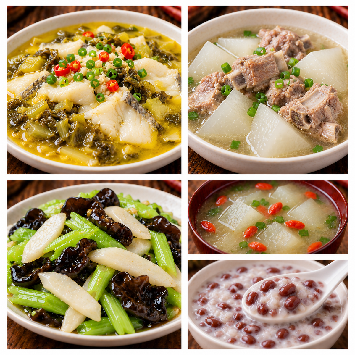 10月02日 周五麻辣鲜香：金汤酸菜鱼片🌶️、白萝卜炖排骨、西芹木耳炒山药、枸杞冬瓜汤（赠品：椰汁红豆粥）