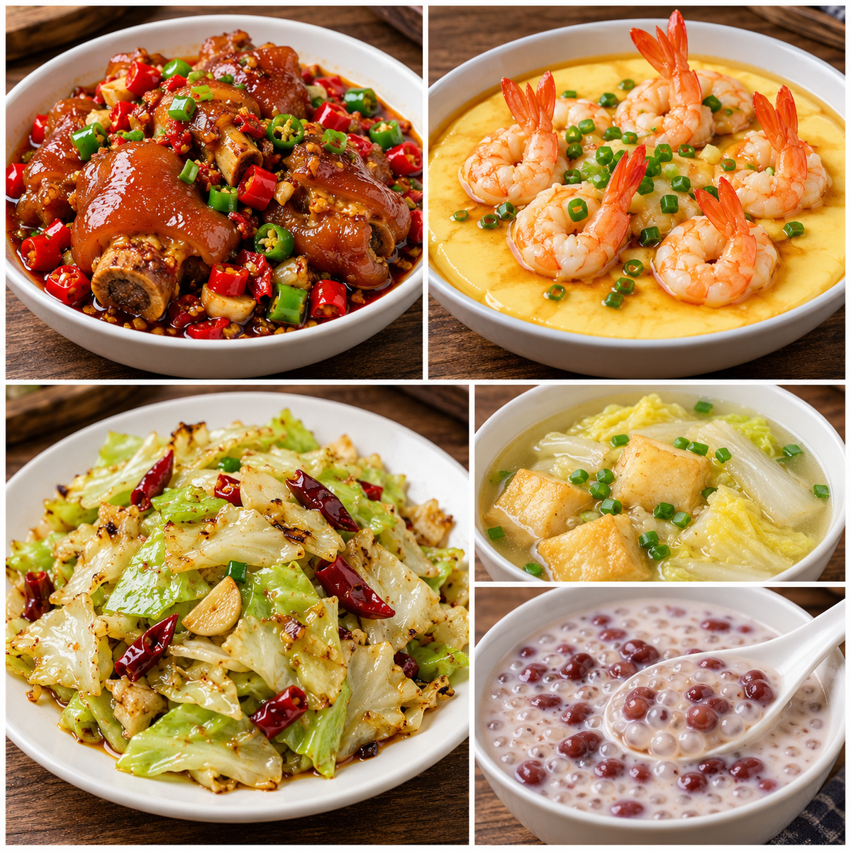 10月23日 周五麻辣鲜香：口味猪手🌶️、凤尾虾蒸蛋、手撕包菜、鱼豆腐白菜汤（赠品：红豆西米露）