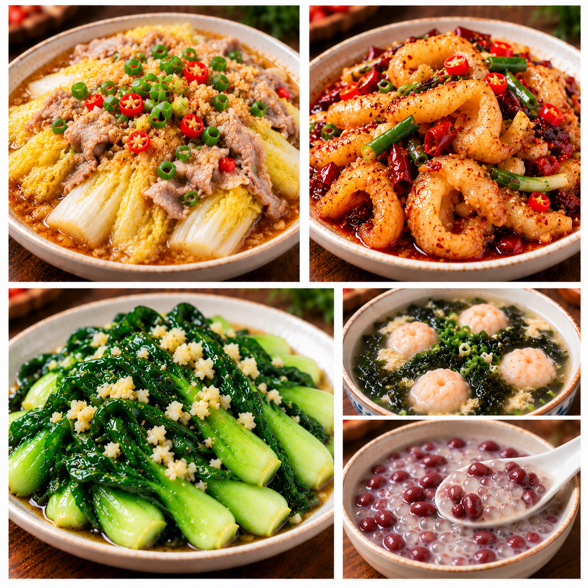 10月16日 周五麻辣鲜香：娃娃菜蒸肉片、湘味鱼肚🌶️、蚝油油菜、紫菜虾滑汤（赠品：红豆西米露）