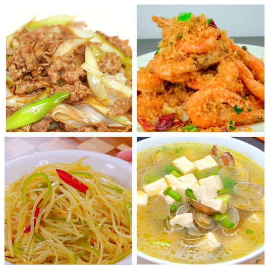 04月15日 周三家乡菜：葱油肥牛、避风塘大虾、凉拌土豆丝、蛤蜊豆腐汤