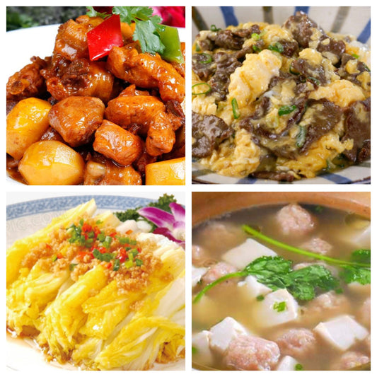 01月14日 周三家乡菜：板栗烧鸡、滑蛋嫩牛、蒜蓉娃娃菜、嫩豆腐肉丸汤