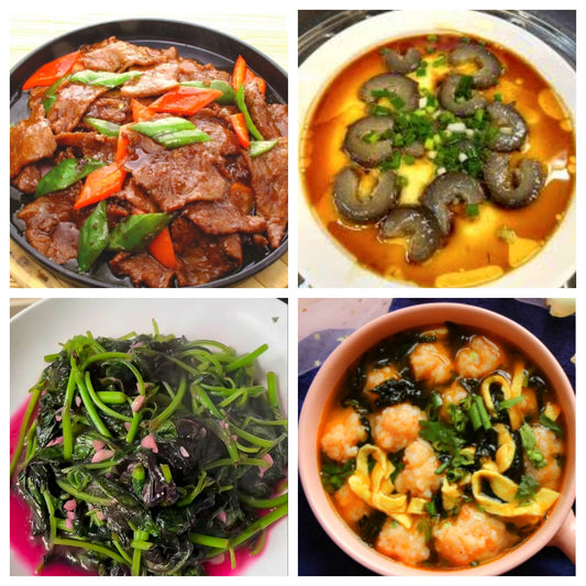 05月27日 周三家乡菜：铁板洋葱牛肉、海参蒸蛋、蒜蓉红苋菜、紫菜虾滑汤