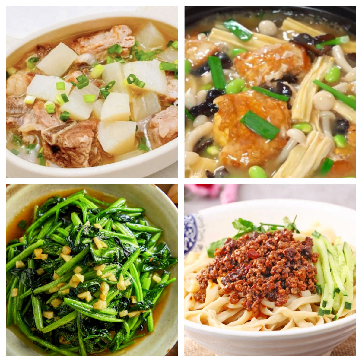 03月18日 周三家乡菜：萝卜排骨、三鲜腐竹煲、蒜蓉菠菜、微🌶️花果山炸酱面