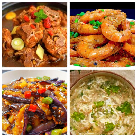 10月29日 周三家乡菜：酱香牛背骨、椒盐大虾、肉沫茄子、西湖牛肉羹