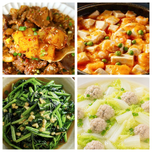 06月10日 周三家乡菜：孜然土豆爆炒牛肉、蟹黄虾仁豆腐、蒜蓉菠菜、白菜肉丸汤