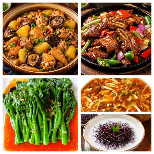 08月12日 周三家乡菜：香菇土豆炖鸡煲、黑椒牛仔骨、蚝油油菜、酸辣汤（赠品：椰汁紫米）