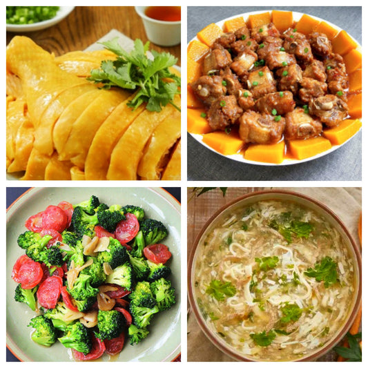 05月20日 周三家乡菜：上海三黄鸡、南瓜蒸排骨、腊肠炒西兰花、西湖牛肉羹