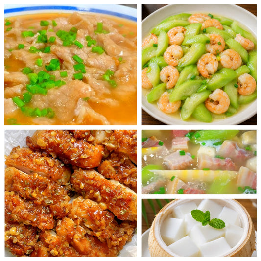 07月01日 周三家乡菜：水煮肉片、蜂蜜黄油脆皮鸡、虾仁炒丝瓜、腌笃鲜（赠品：椰子冻）