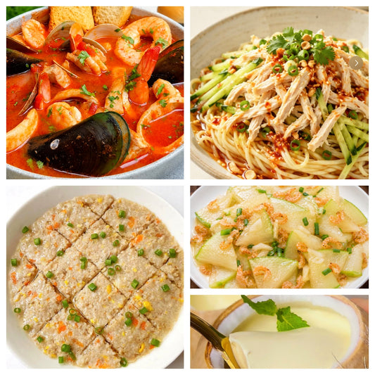 07月08日 周三家乡菜：意式海鲜大烩、肉饼莲藕蒸蛋、虾米炒冬瓜、鸡丝凉面（赠品：椰子冻）