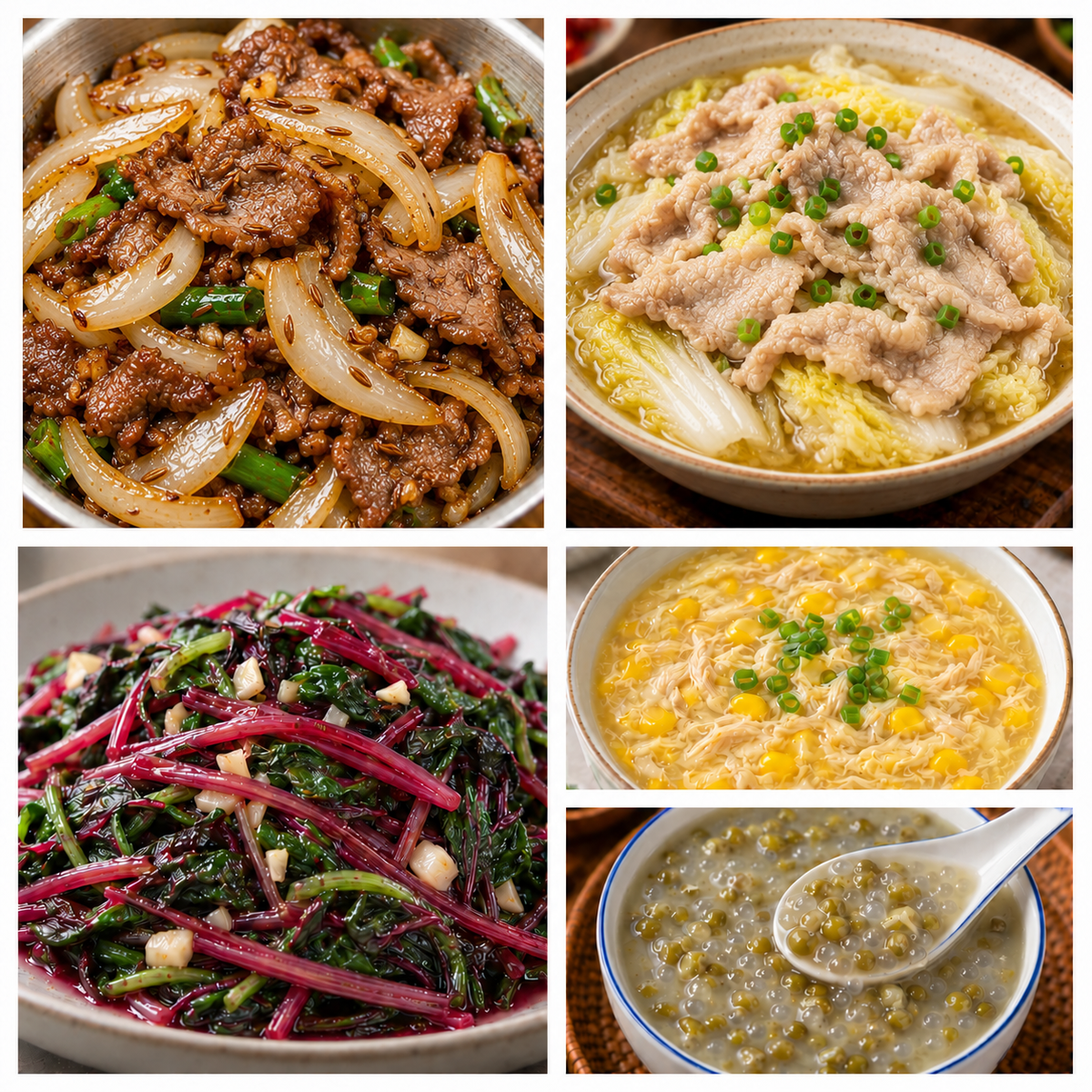 10月05日 周一经典回归：洋葱孜然牛肉、白菜蒸肉片、蒜蓉红苋菜、鸡茸玉米羹（赠品：绿豆西米露）