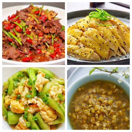 06月23日 周二麻辣鲜香：盐焗鸡、小炒黄牛肉 🌶️、丝瓜炒鸡蛋、绿豆粥